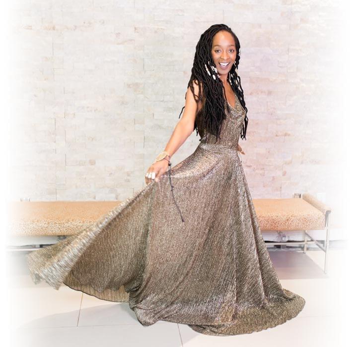 Jeanine Staples in gold dancing dress